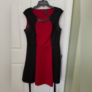 RMLL Fit & flare Rhinestone Tie Waist Scuba Day Dress Black & Red